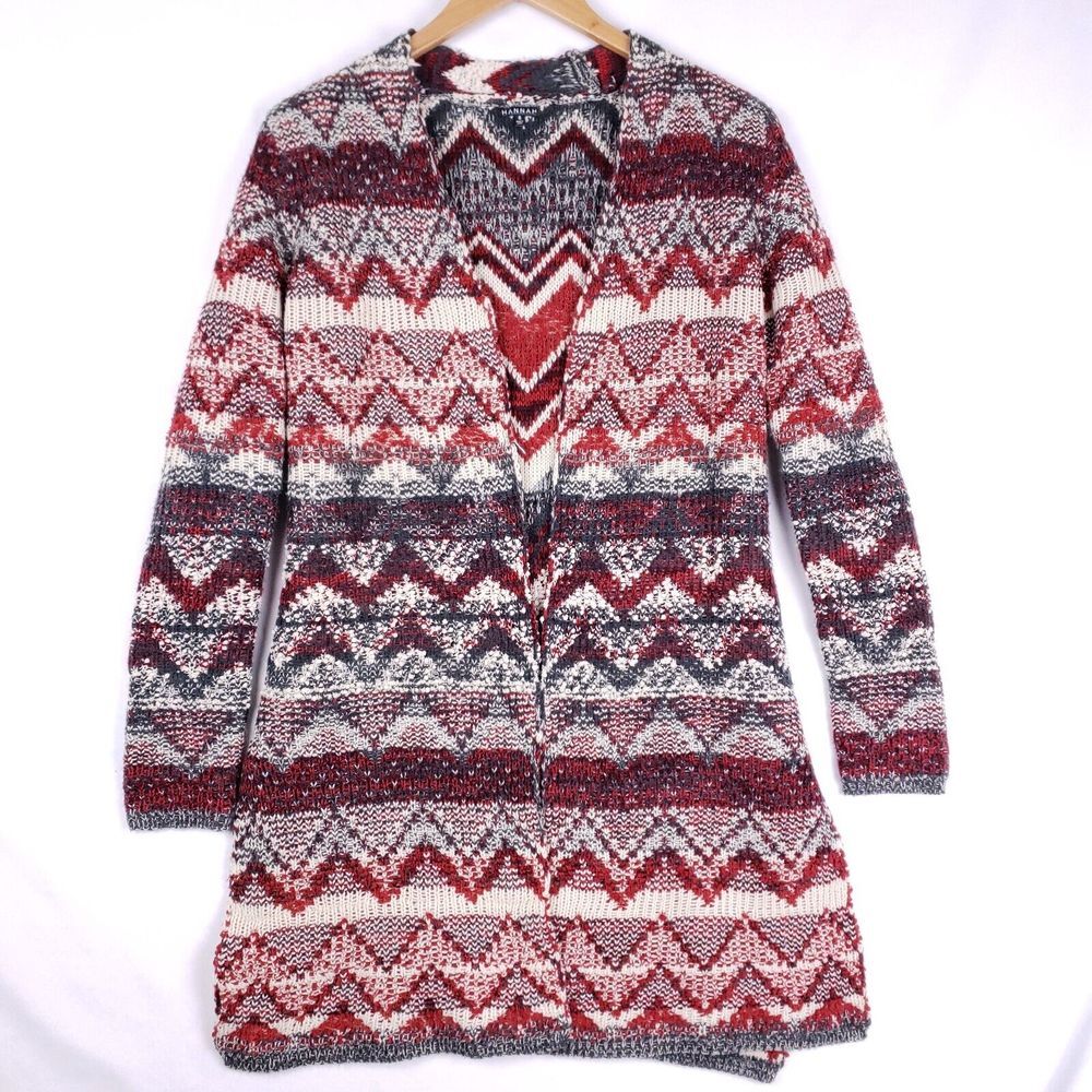 Hannah Chevron Knit Cardigan Women's S Red Gray Open Front Boho Sweater Jacket‎